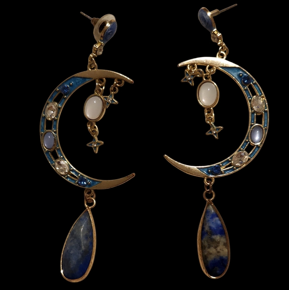 Gold and Blue Crescent Moon Earrings